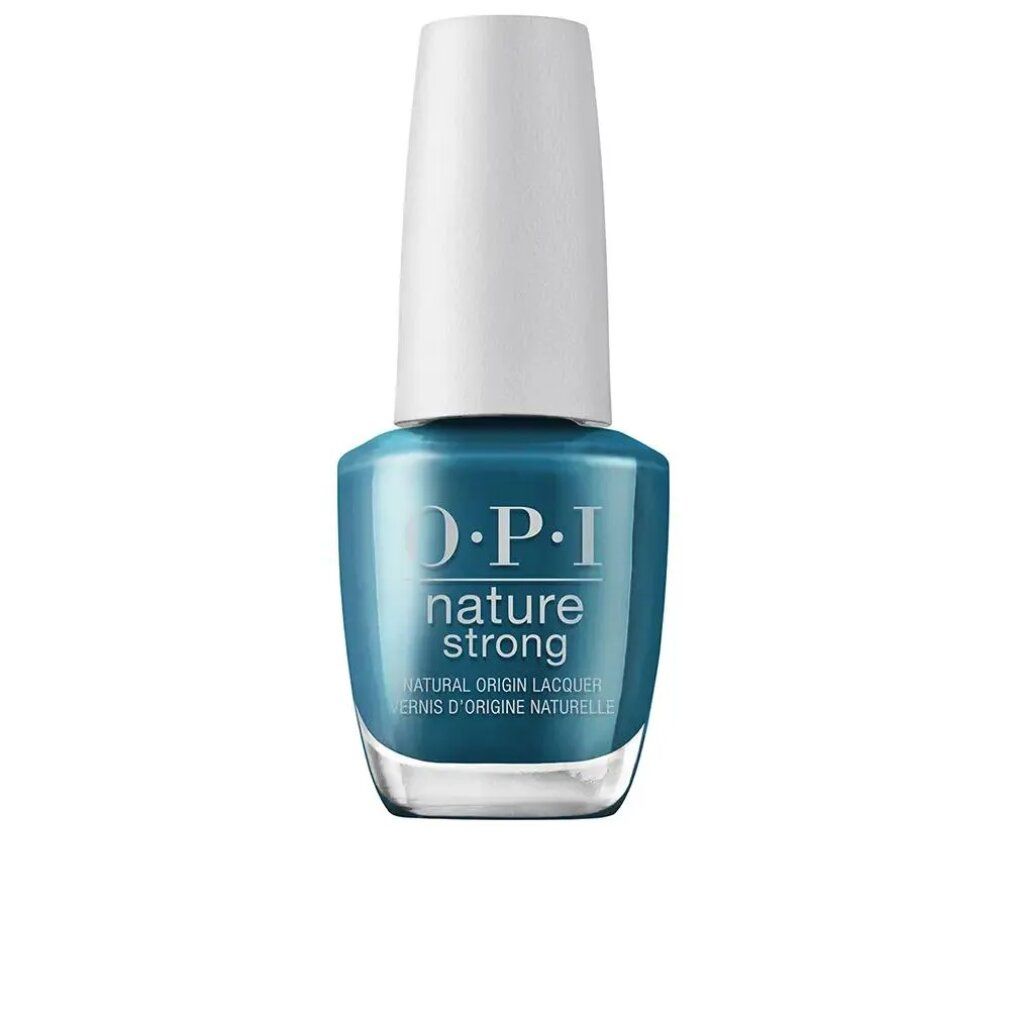 Flacon de vernis à ongles bleu-vert avec bouchon blanc. Logo et texte OPI Nature Strong.