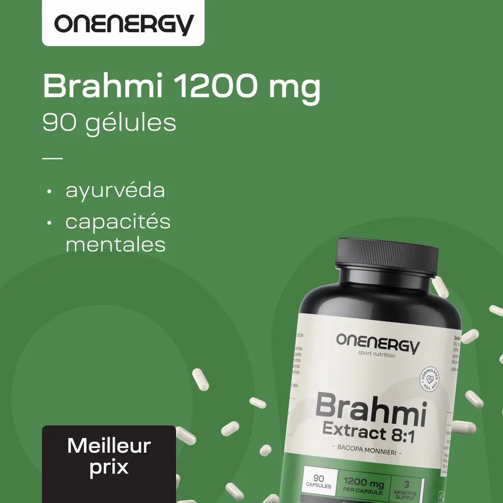 Flacon de gélules. Inscription : Brahmi 1200 mg, 90 gélules. Texte : Ayurveda, capacités mentales.