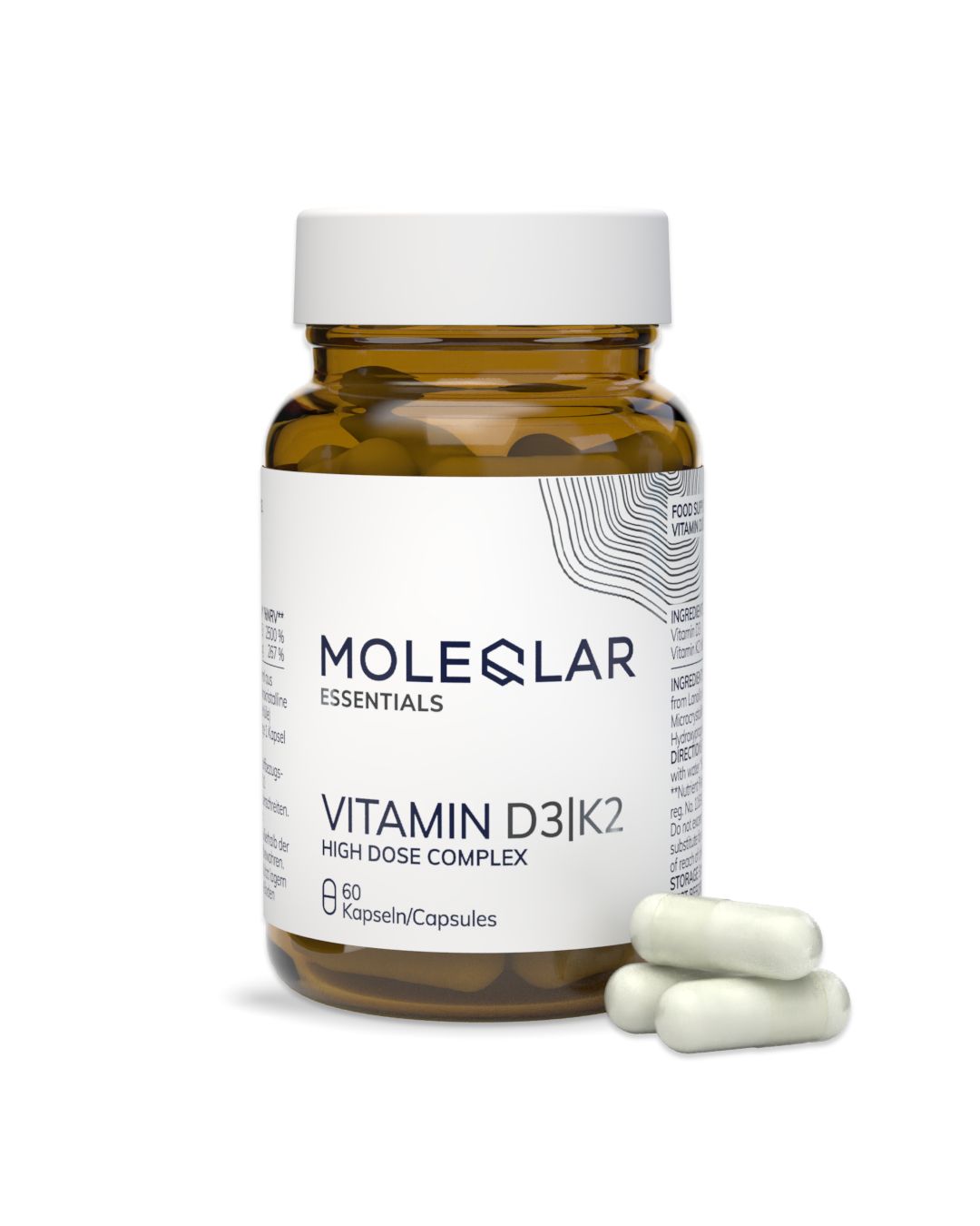 Flacon en verre brun avec bouchon blanc, contenant des gélules. Contient un complexe haute dose de Vitamine D3|K2.