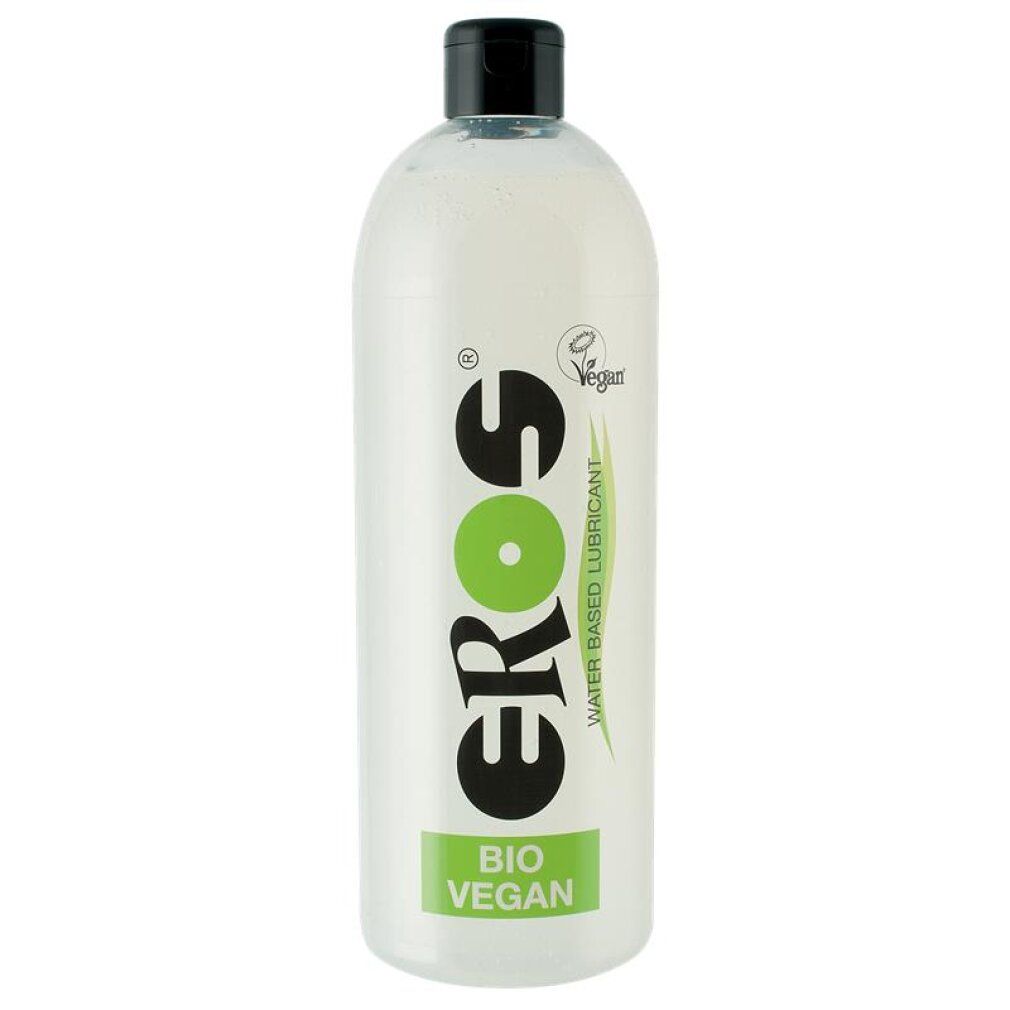 Eros glijmiddel: waterbasis, Bio & Vegan gecertificeerd. Transparante fles met zwarte dop.