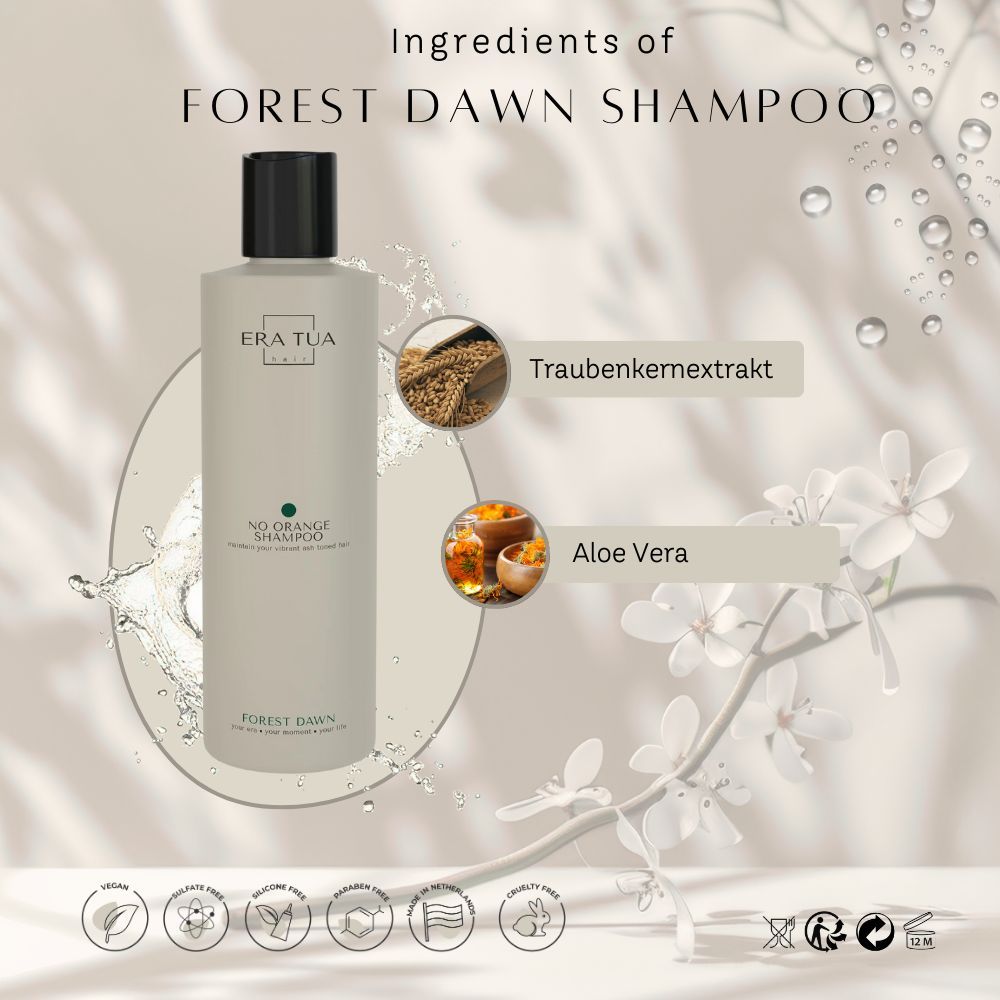 Bouteille de shampooing Era Tua Forest Dawn. Ingrédients : extrait de pépins de raisin, aloe vera. Logos végétalien et autres.