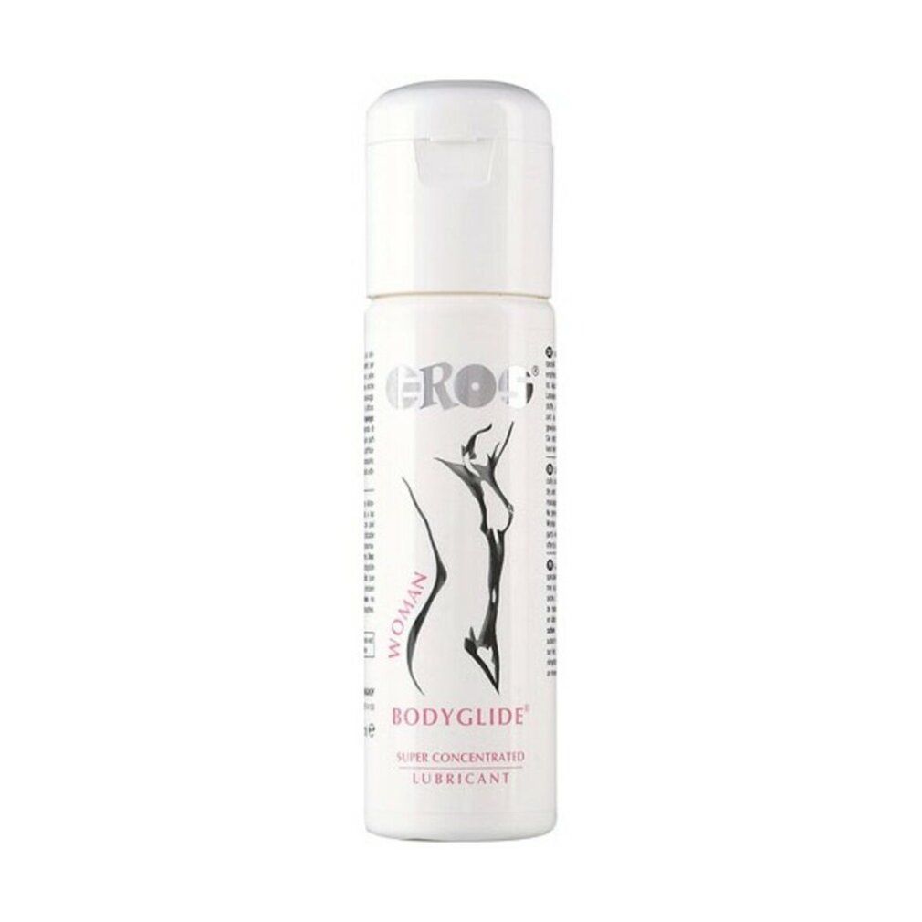 Witte fles met klapdeksel. Opschrift: EROS, BODYGLIDE, WOMAN, afbeelding van een vrouw. Productnaam en verdere informatie.