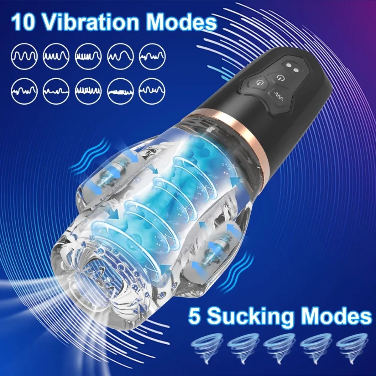 Appareil avec poignée noire et corps transparent. Texte: 10 modes de vibration, 5 modes d'aspiration. Vagues et tourbillons bleus.