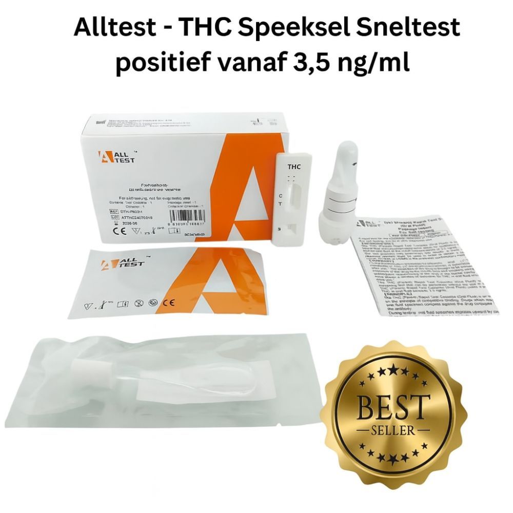 Testkit met testcassette, container, instructies en certificering. Opschrift: Alltest - THC Speeksel Sneltest.