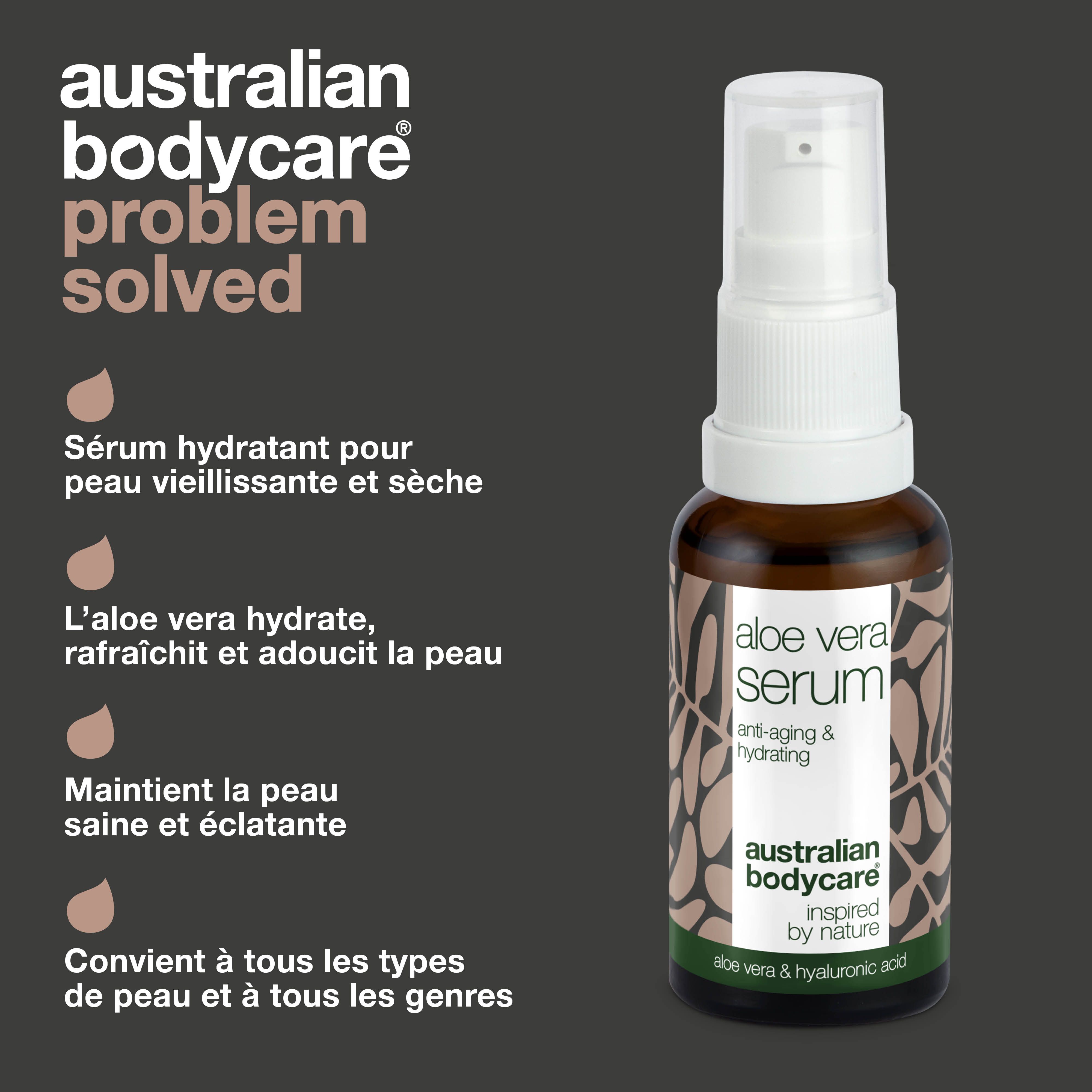 Flacon de sérum. Texte : Problème résolu. Nom du produit : Australian Bodycare Aloe Vera Serum. Flacon marron avec pompe.