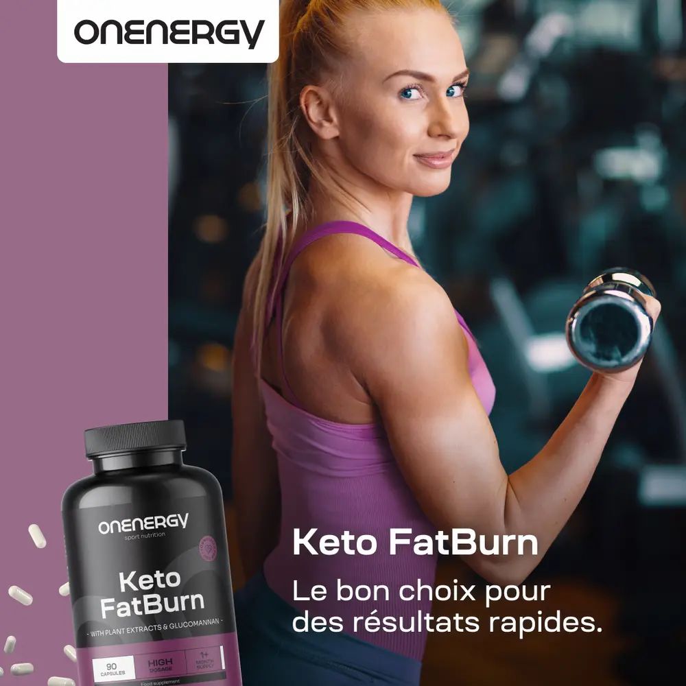 Femme soulevant une haltère, bouteille OnEnergy Keto FatBurn à côté. "Le bon choix pour des résultats rapides."