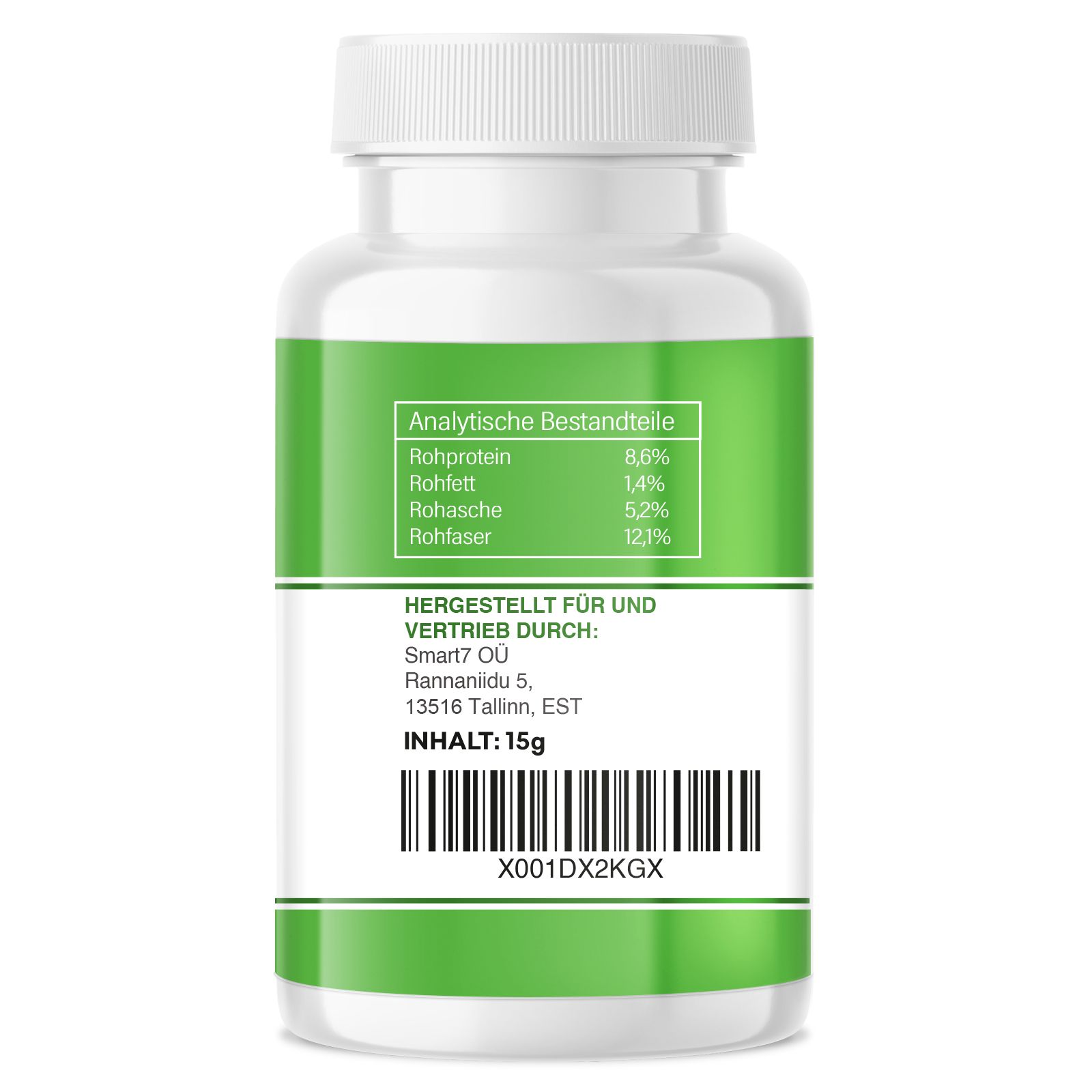 Achterkant van de fles. Groen etiket met analytische bestanddelen en fabrikantinfo. Barcode en inhoud: 15g.