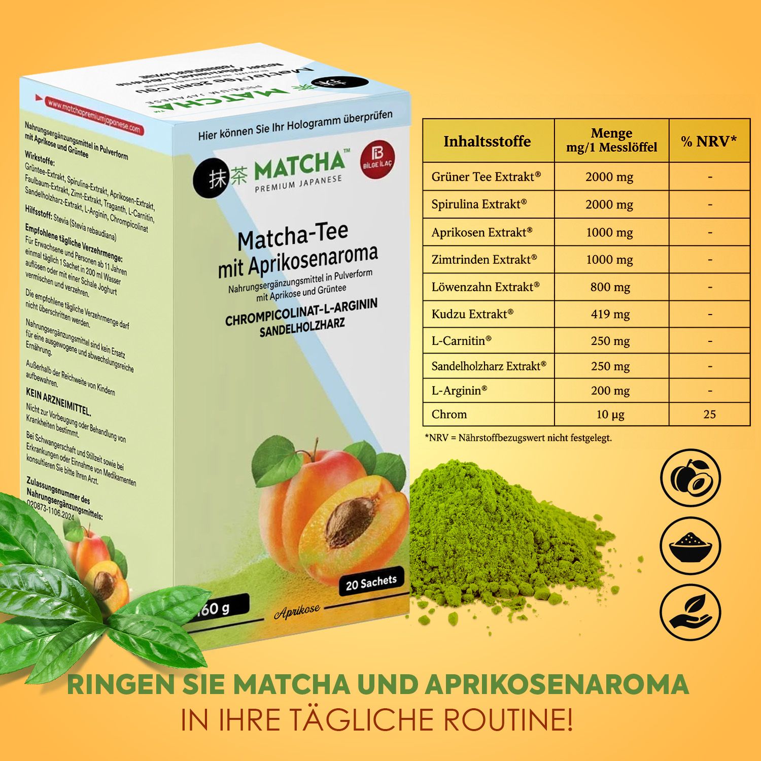 Bilge İlaç Thé Matcha à l'arôme d'abricot