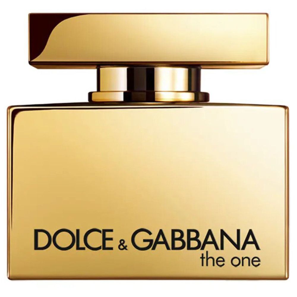 Flacon doré de Dolce & Gabbana The One. Inscription: DOLCE & GABBANA the one. Forme rectangulaire avec bouchon doré.