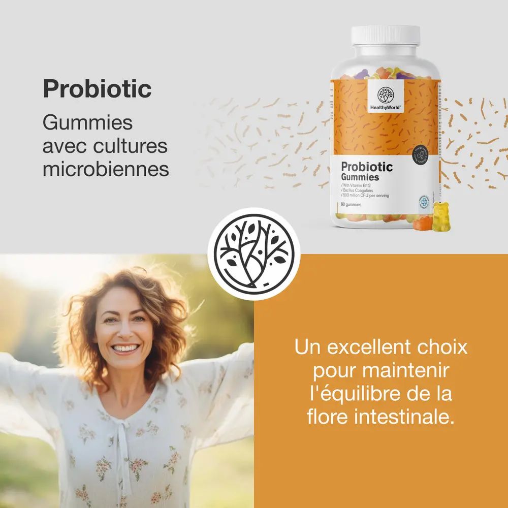 Flacon de gommes probiotiques. Texte: Probiotic Gommes avec cultures microbiennes, vitamine B12.