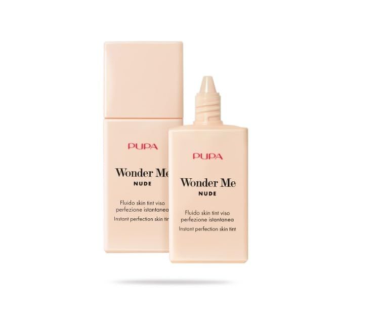 Pupa Milano Wonder Me Nude vloeibare foundation. Twee vierkante flessen, één met pompdispenser.