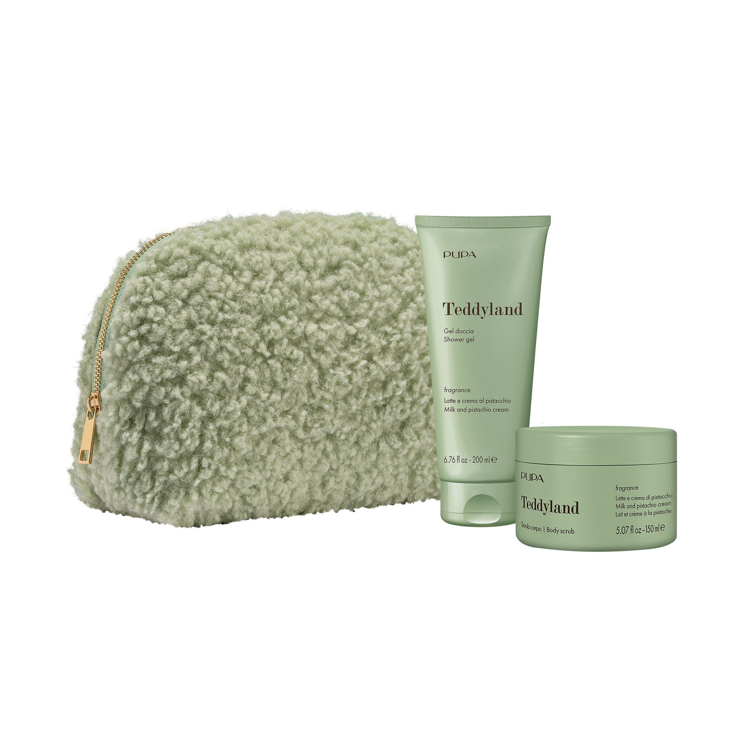 Pupa Teddyland Set: Douchegel en body scrub in pastelgroene verpakking met een pluizig tasje.