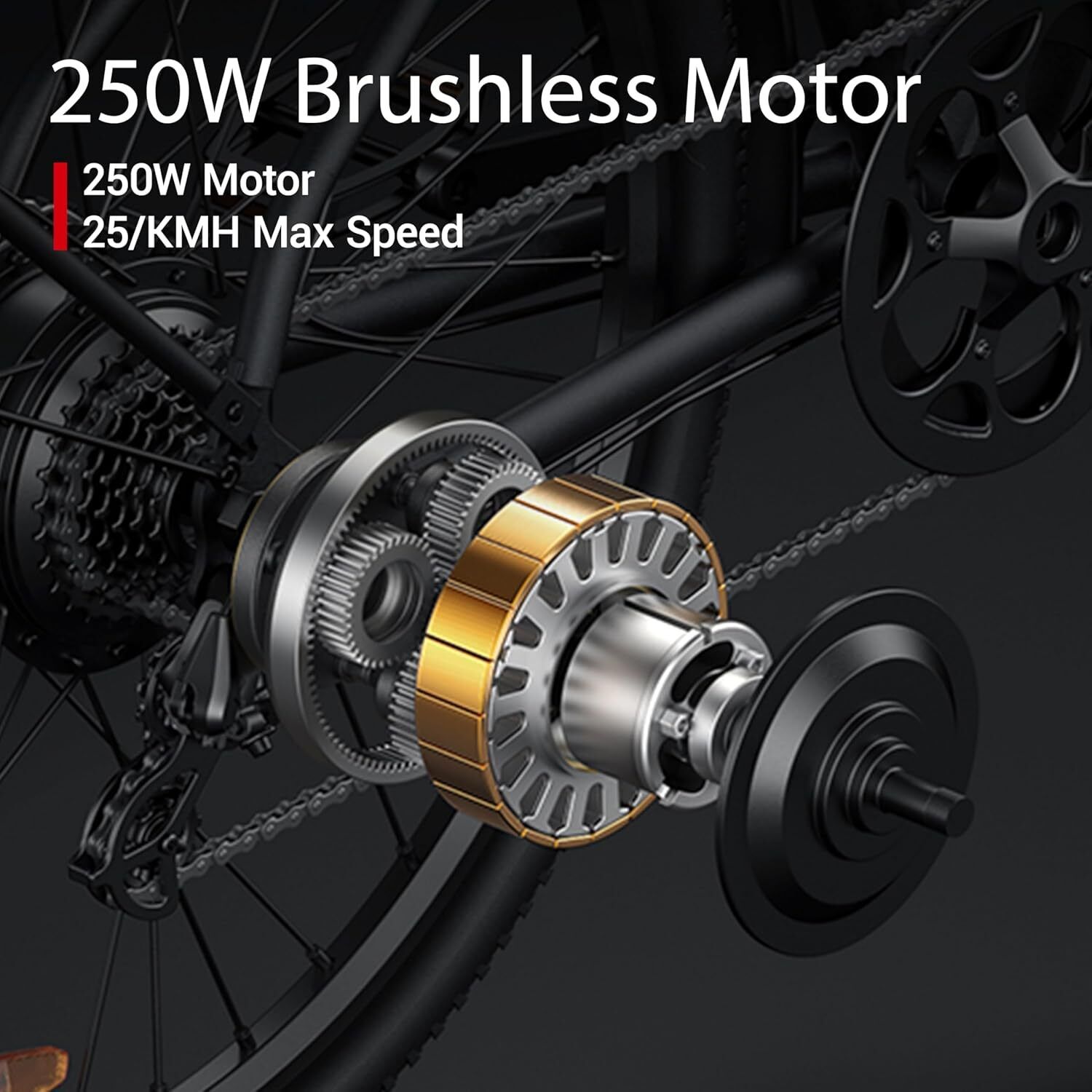 E-bike motor, 250W borstelloos, max. snelheid 25 km/u. Tandwielen en ketting zichtbaar. Goudkleurige motor.