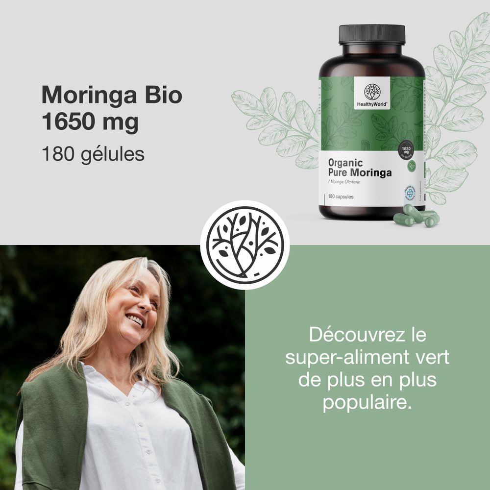 Publicité avec femme, flacon et texte : Moringa Bio 1650 mg, 180 gélules. Texte : Découvrez le super-aliment vert de plus en plus populaire.