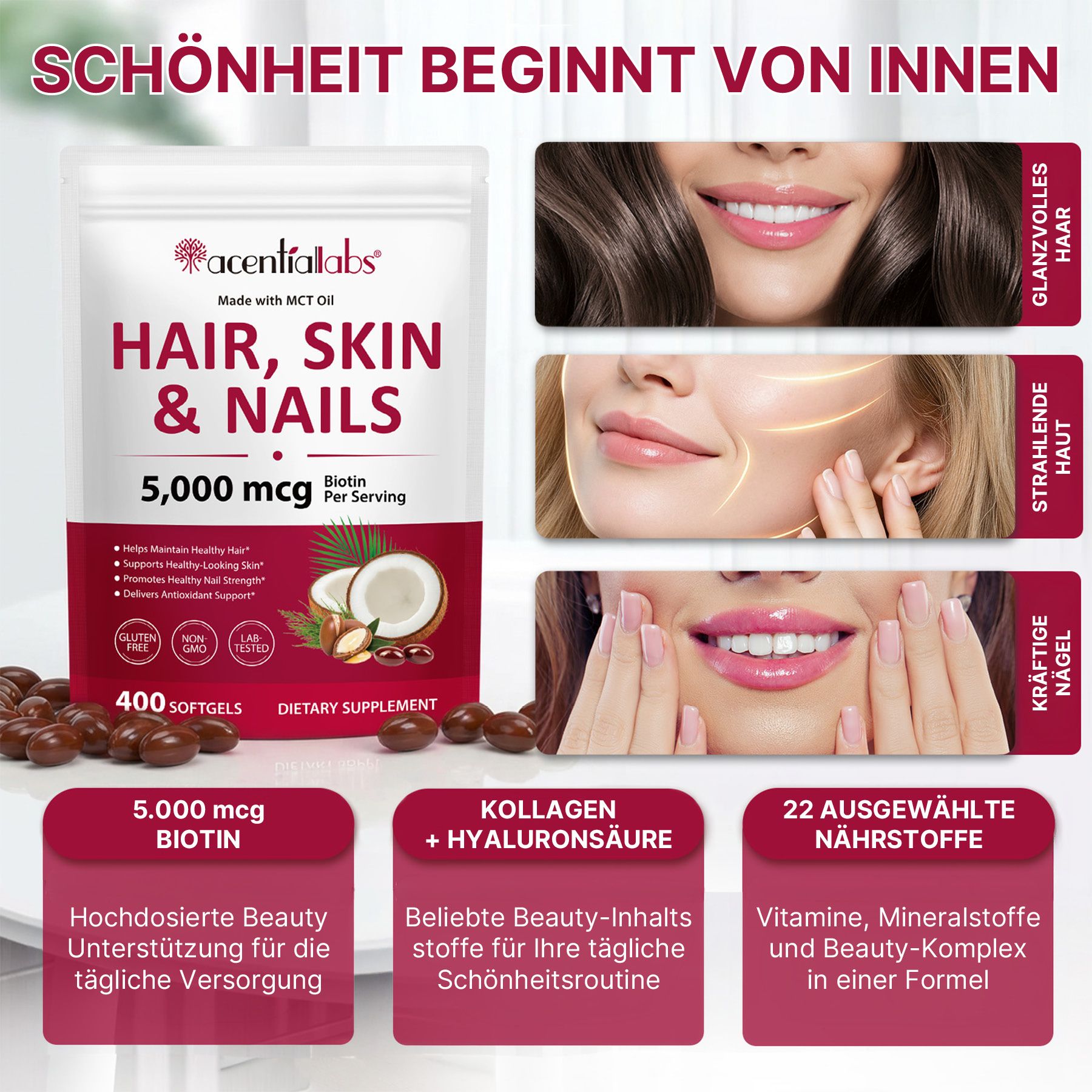 Emballage de 400 gélules molles pour cheveux, peau et ongles, 5 000 mcg de biotine par portion.