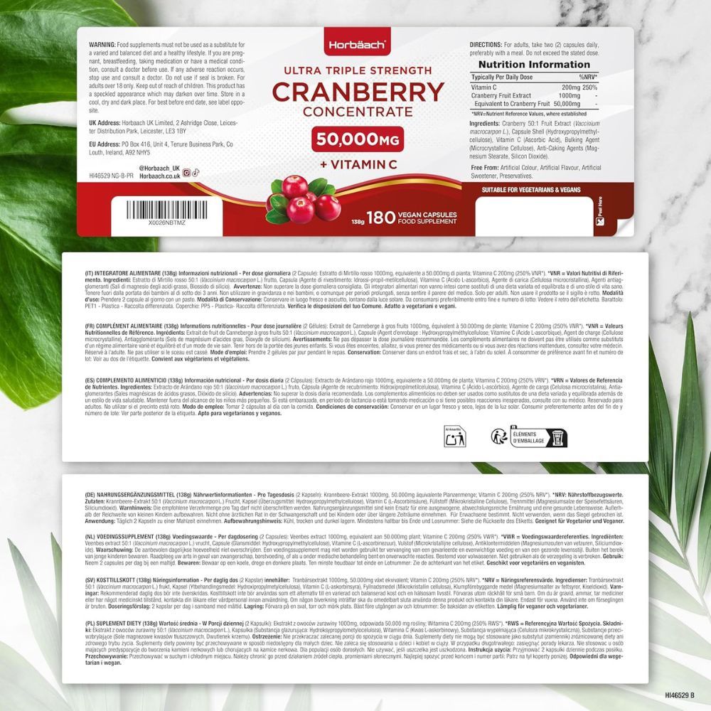 Productinformatie. Cranberry Concentrate 50.000mg + Vitamine C. 180 capsules. Vegan. Ingrediënten.