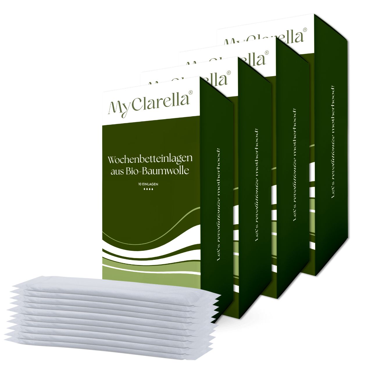 Plusieurs paquets de protections post-partum en coton bio. Impression : Pack économique 40 serviettes.