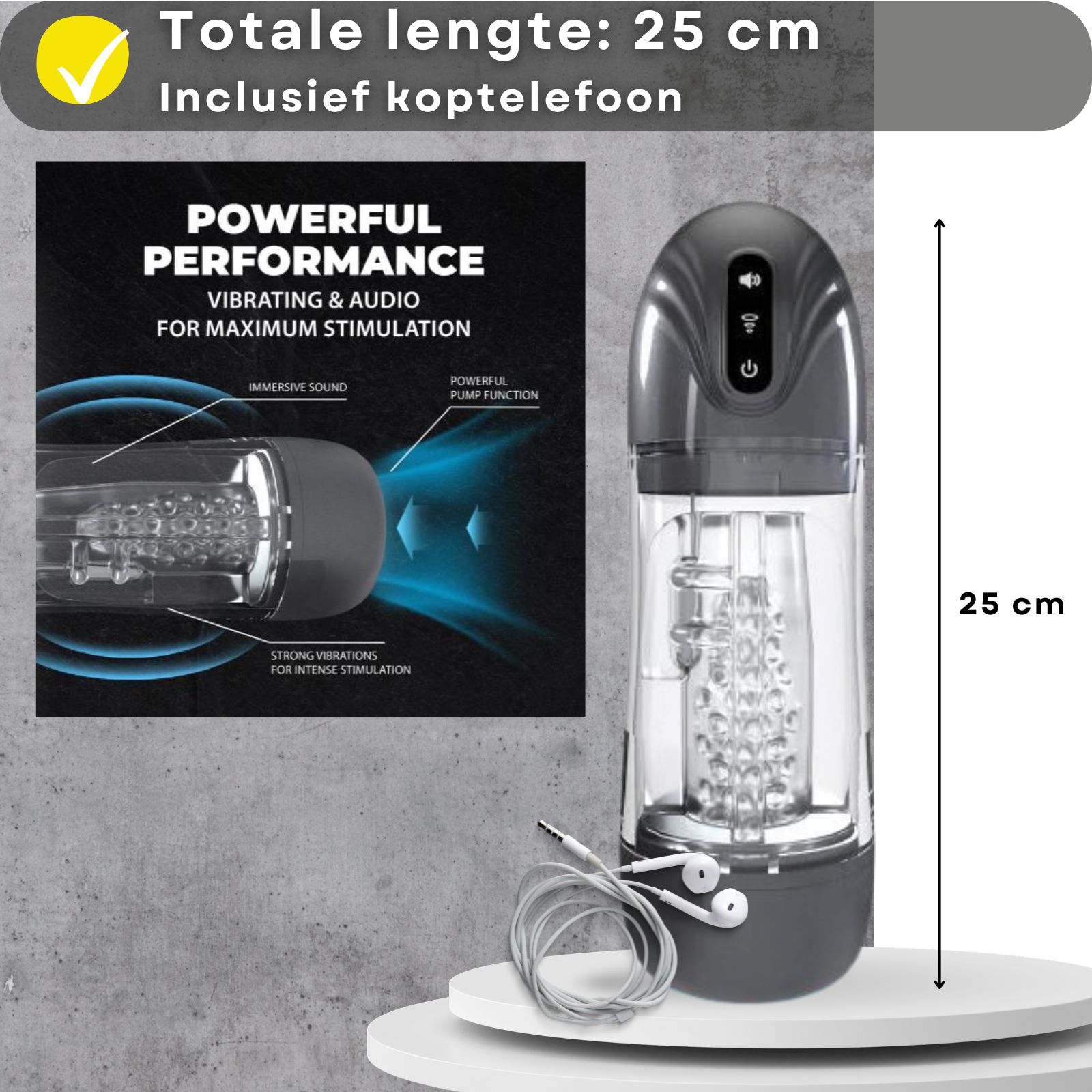 Product met tekst: 25 cm, inclusief oortelefoons. Paar op de achtergrond, product met oortelefoons en maat.