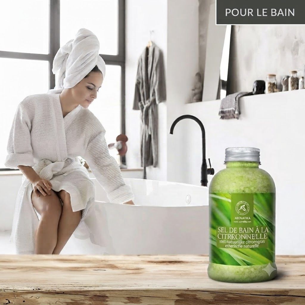 Bouteille de sel de bain verte avec étiquette "Sel de Bain à la Citronnelle".