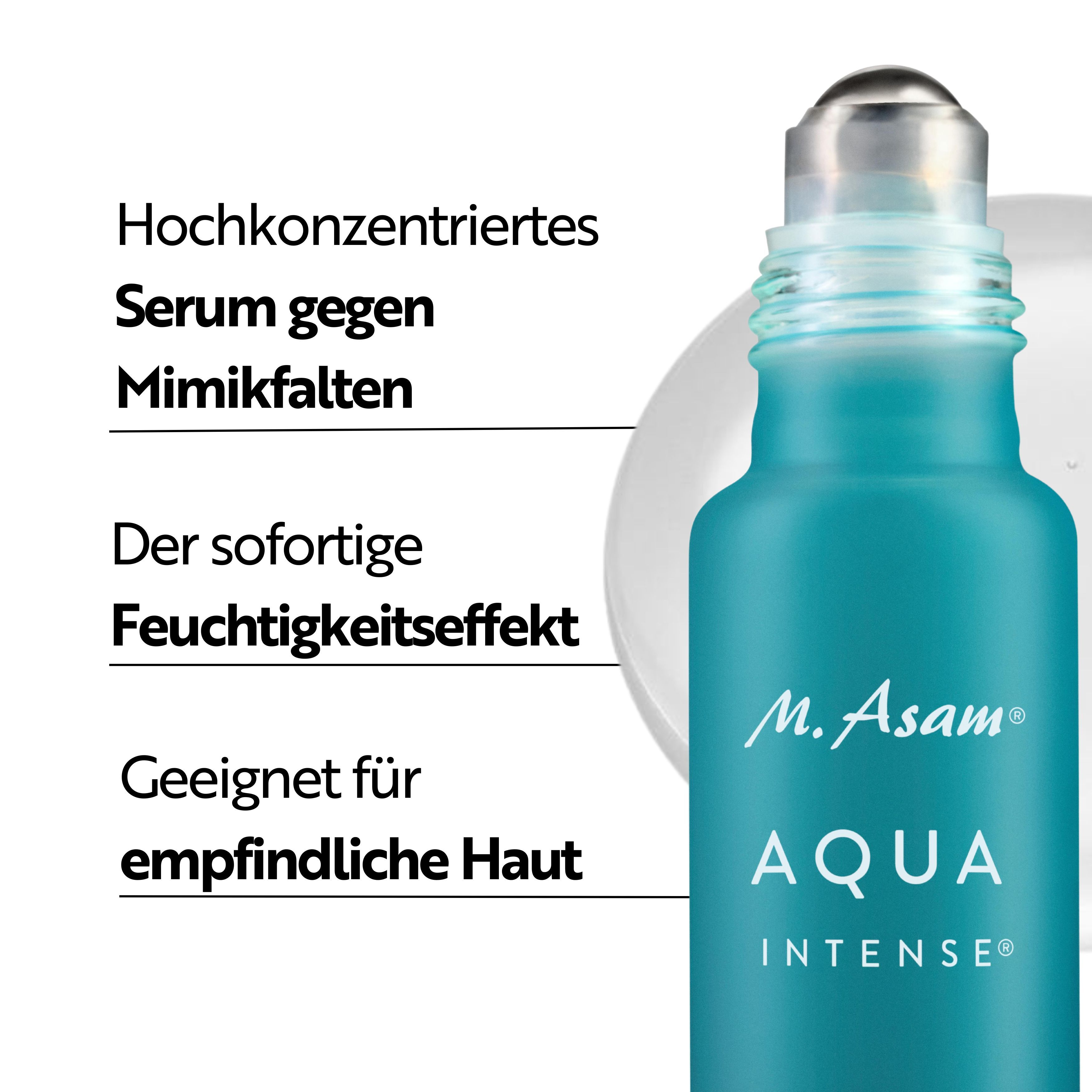 Close-up van het product met tekst: Serum tegen expressielijntjes, hydraterend effect, geschikt voor de gevoelige huid. M. Asam AQUA INTENSE.