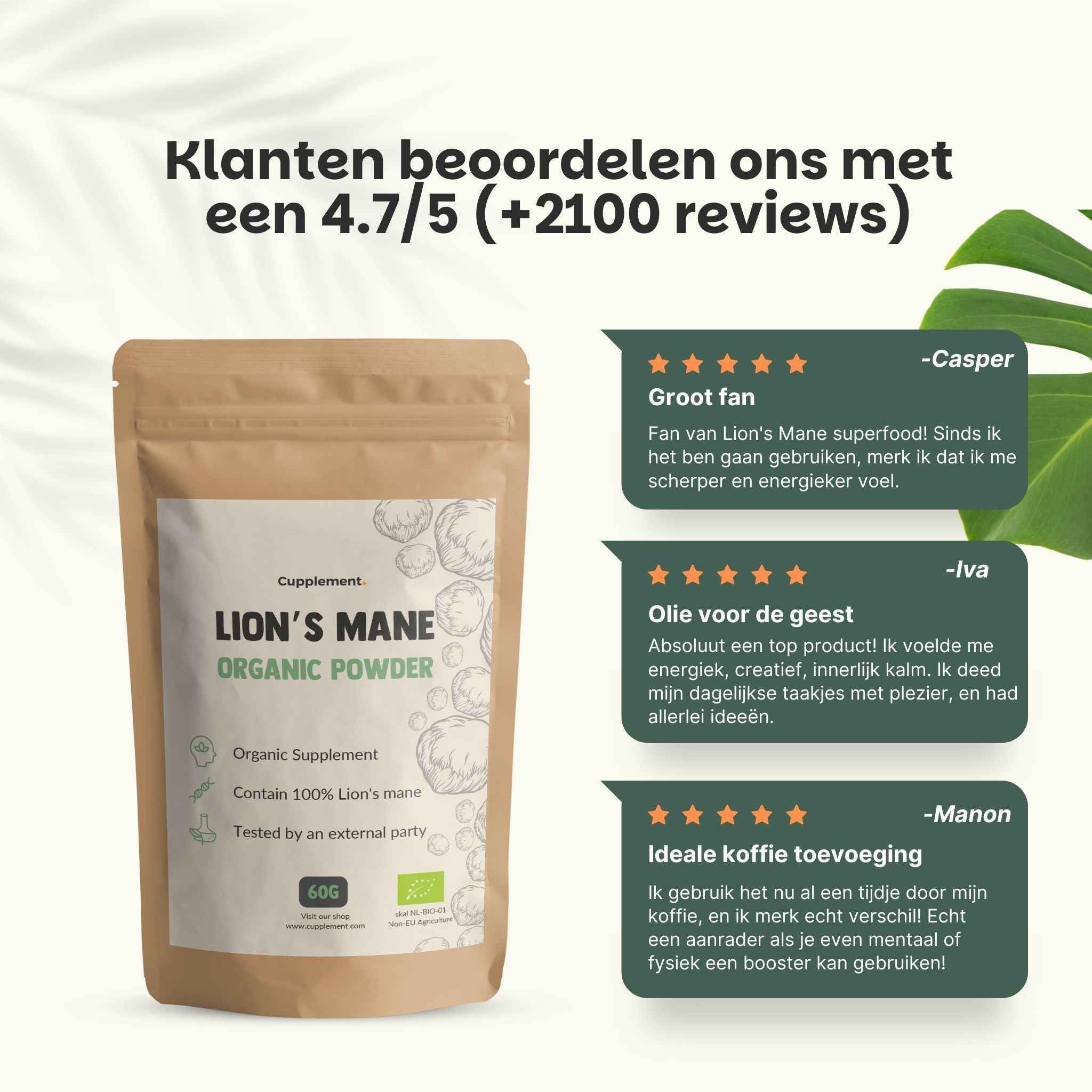 Advertentie met zakje Lion's Mane poeder. Tekst: Klanten beoordelen ons met 4,7/5. Citaten van klanten.