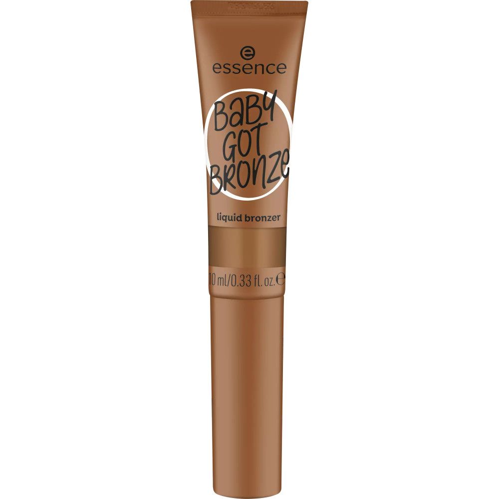 Bronzer liquide en tube marron. Inscription: Baby Got Bronze, liquid bronzer. Marque: Essence. 10 ml/0.33 fl. oz.