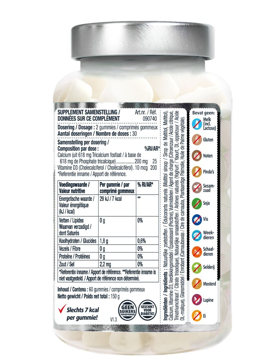 Achterkant van de Lucovitaal Calcium D3 Gummies fles. Bevat voedingswaarde-informatie, ingrediëntenlijst en allergeneninformatie. 60 gummies per verpakking.