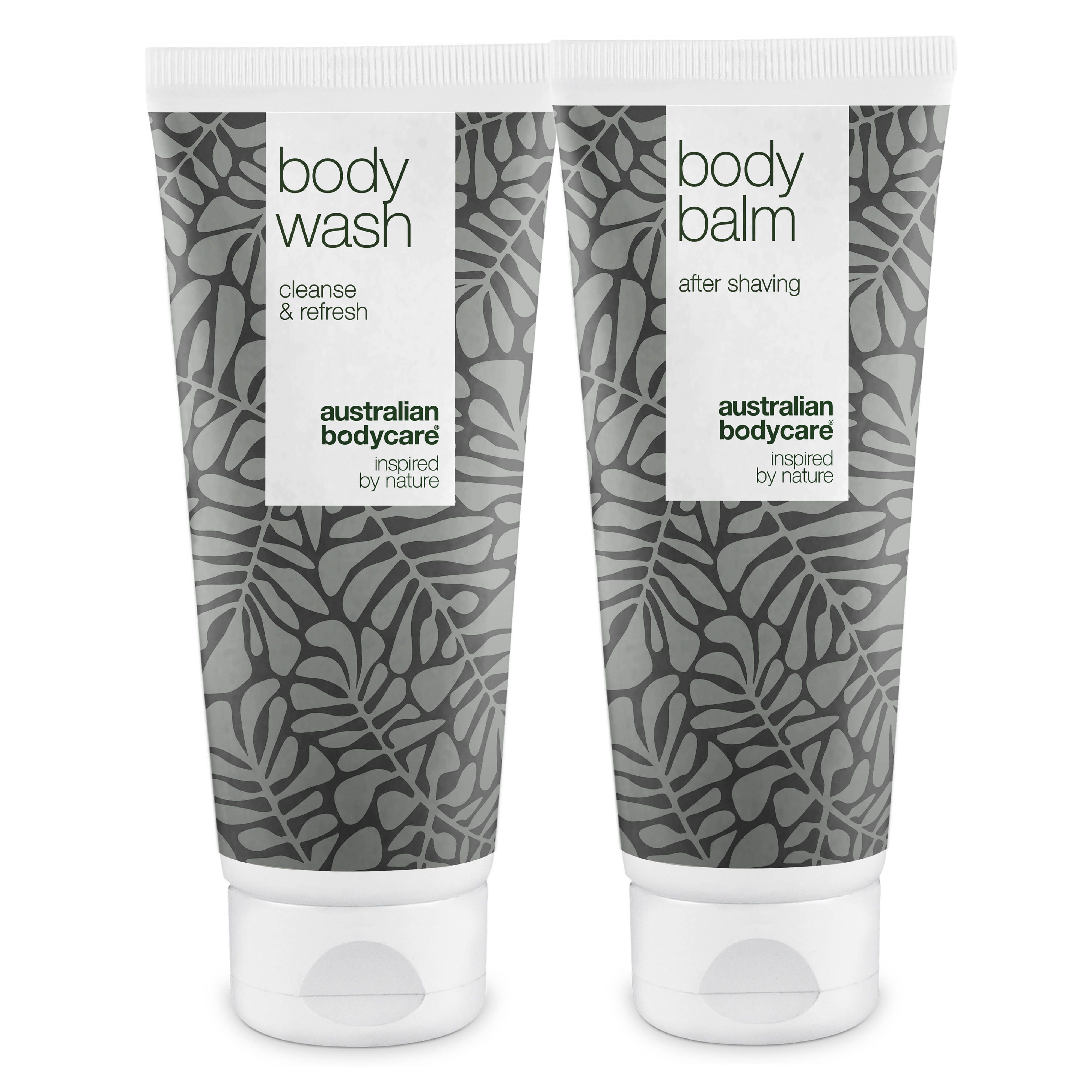 Deux tubes. L'un avec "Body Wash", l'autre avec "Body Balm". Tous deux avec motif de feuilles et bouchon blanc.