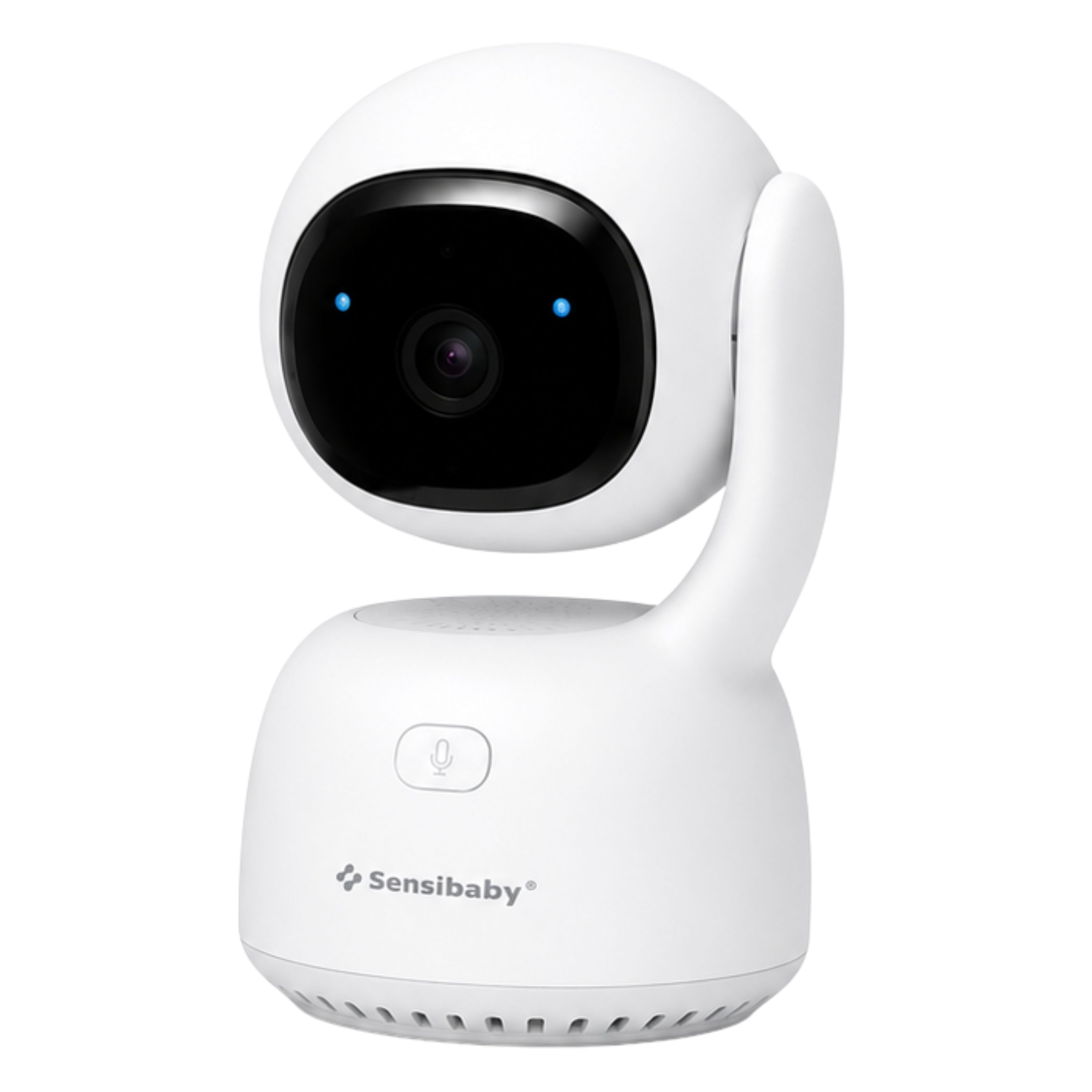 Witte babyfoon camera met draaibare kop en blauwe LED's. Sensibaby logo zichtbaar.