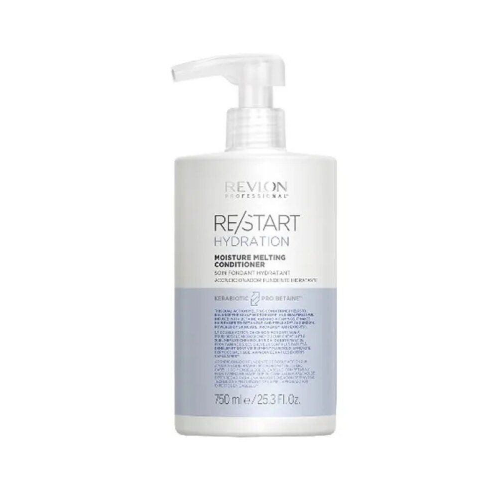 Witte conditionerfles met pomp. Opschrift: Revlon Professional, Re-Start Hydration, Moisture Melting Conditioner. Inhoud: 750 ml.