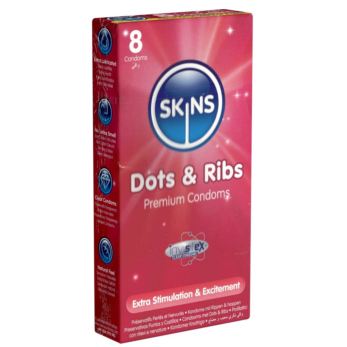 Roze doos "SKINS Dots & Ribs" en "Premium Condoms". Bevat 8 condooms. Tekst: Extra Stimulation & Excitement.