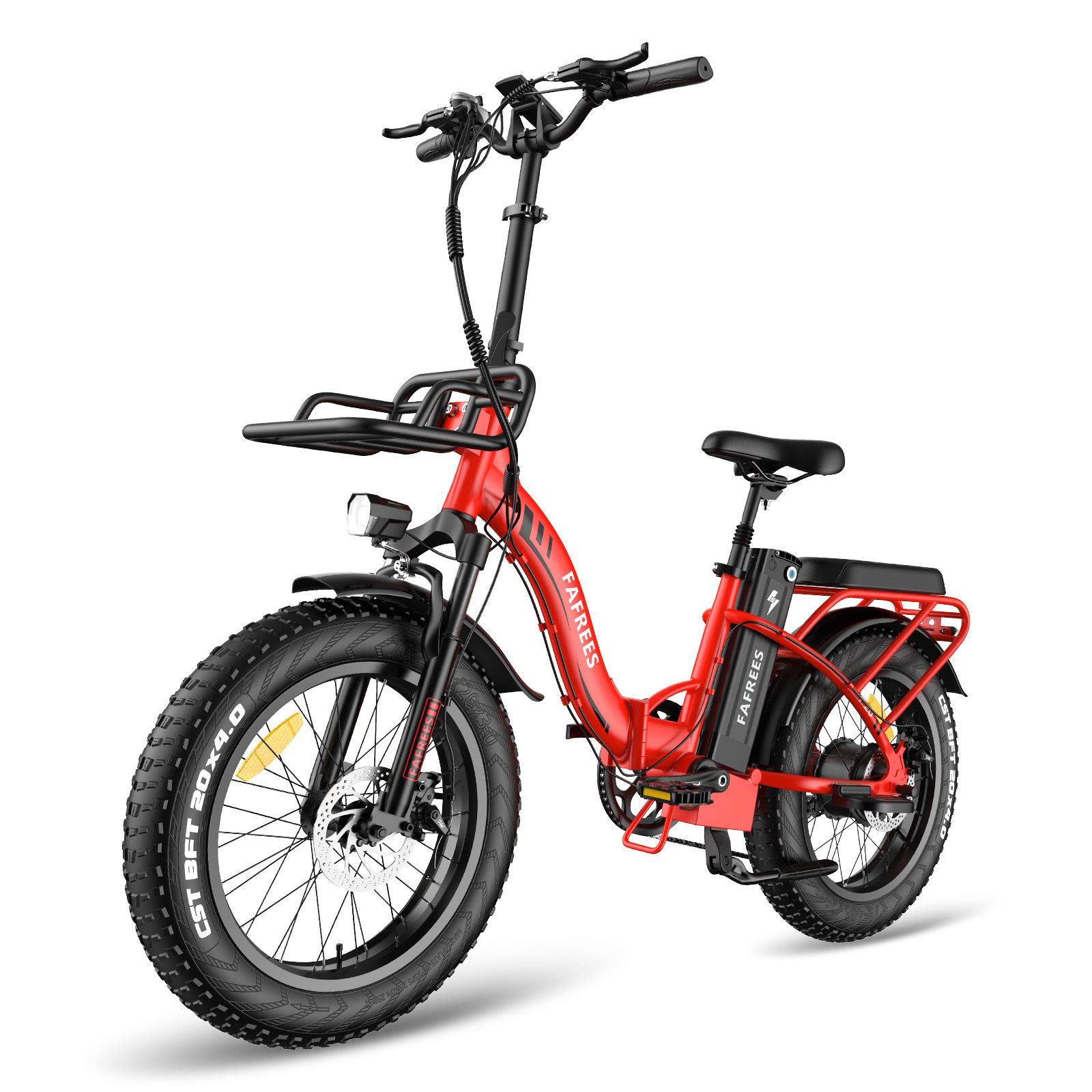 Vélo électrique rouge avec pneus noirs et porte-bagages. La marque Fafrees est visible. Le vélo a un panier à l'avant.