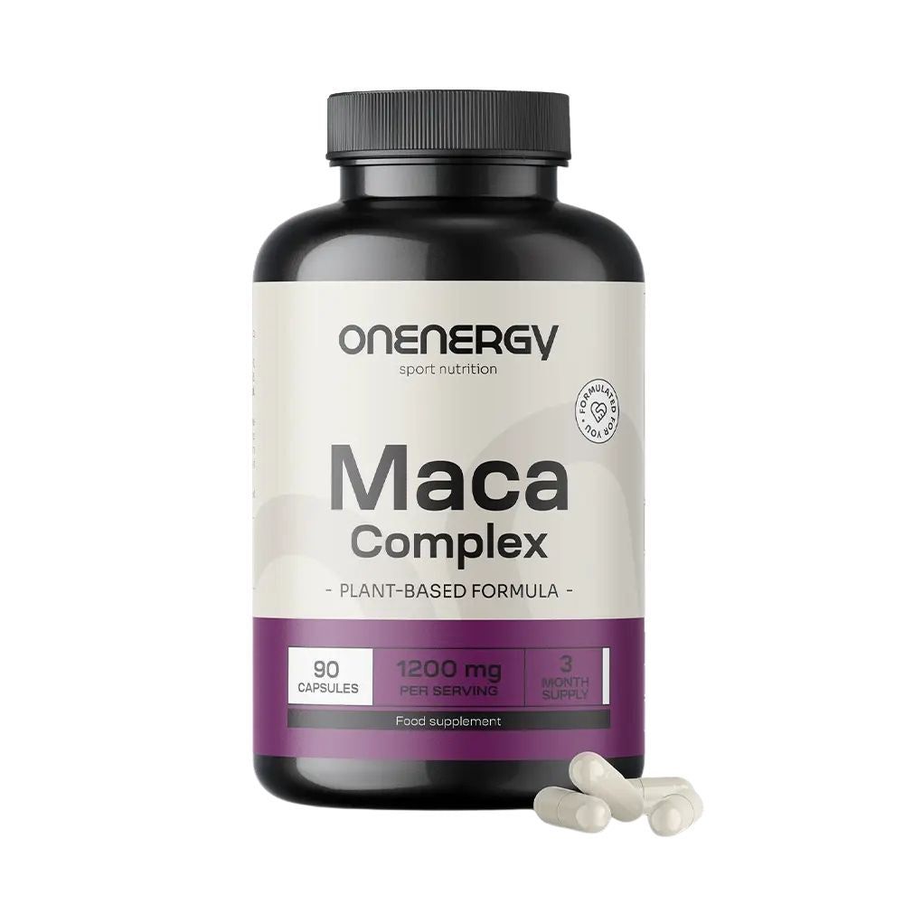 Flacon noir "OnEnergy Maca Komplex". Contient 90 gélules, 1200 mg par portion. Quelques gélules sont visibles à côté.