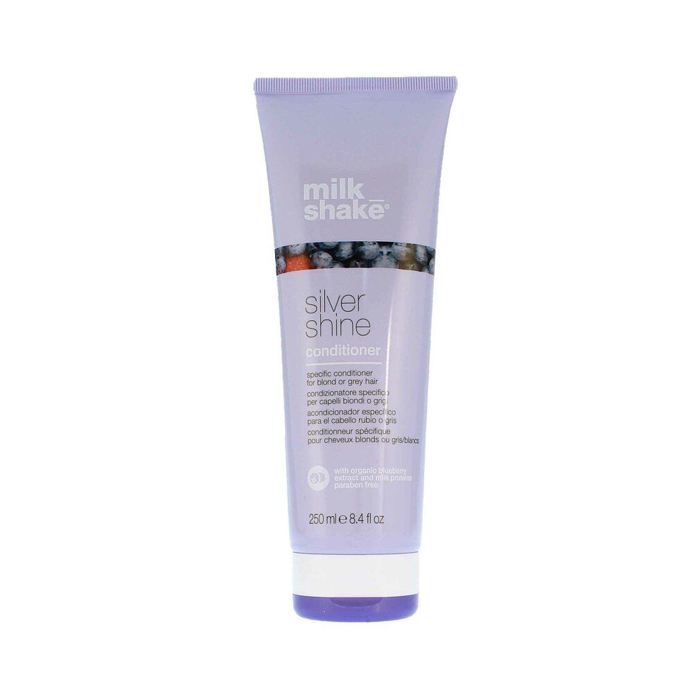 Milk Shake Silver Shine conditioner fles, 250 ml. Lila tube met witte en lila dop.