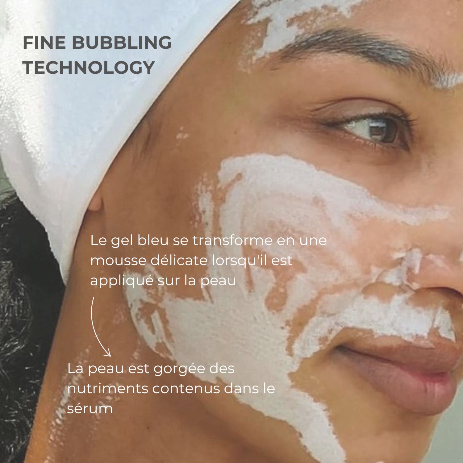 Femme avec crème blanche sur le visage. Texte: Fine Bubbling Technology. Texte: Le gel bleu se transforme en mousse.