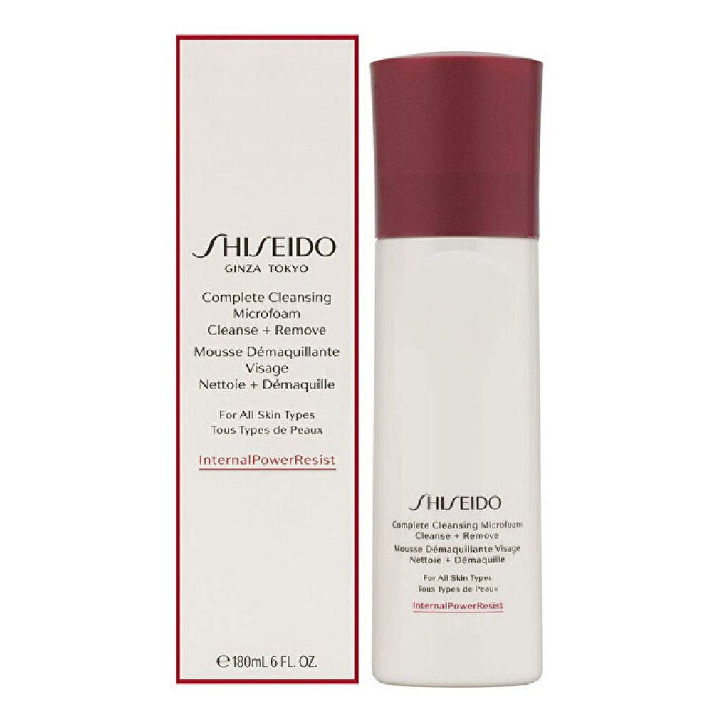 Produit Shiseido Microfoam nettoyant avec emballage. Flacon et carton. Texte: Complete Cleansing Microfoam, 180ml, 6 FL OZ.