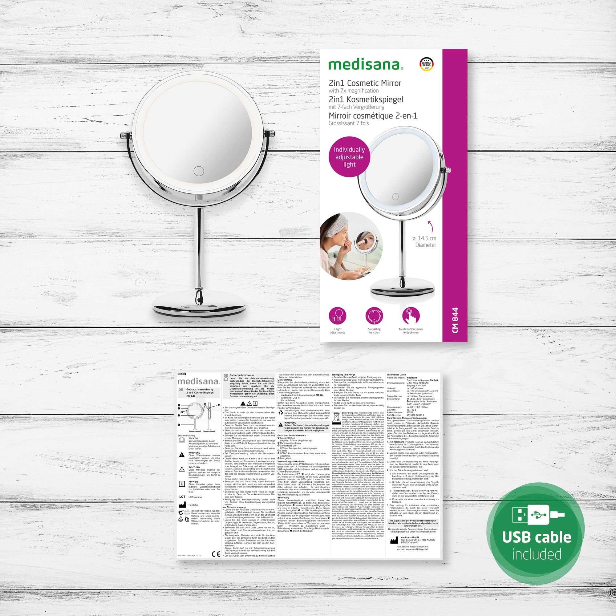Emballage avec miroir cosmétique, manuel d'utilisation et câble USB. Miroir avec éclairage LED, fonction 2 en 1.