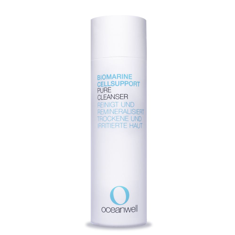 Flacon cylindrique blanc avec bouchon. Texte: Biomarine Cellsupport Pure Cleanser. Nettoie et reminéralise les peaux sèches et irritées. Logo: oceanwell.