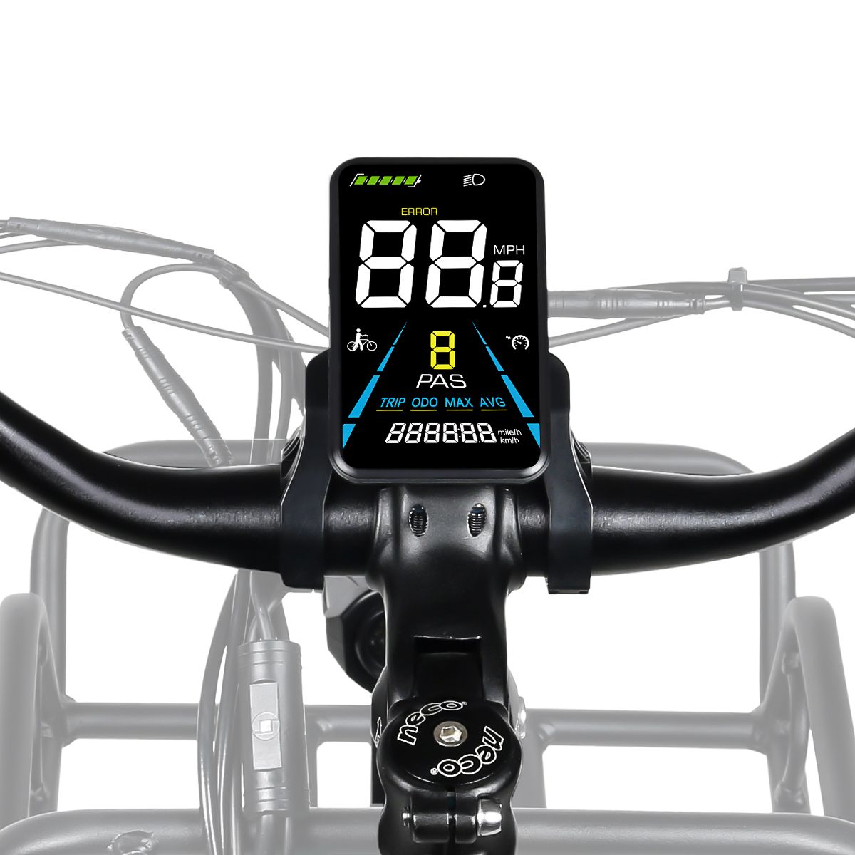 Fietscomputer met digitale display. Toont snelheid, batterijniveau en andere info. Zwart stuur.