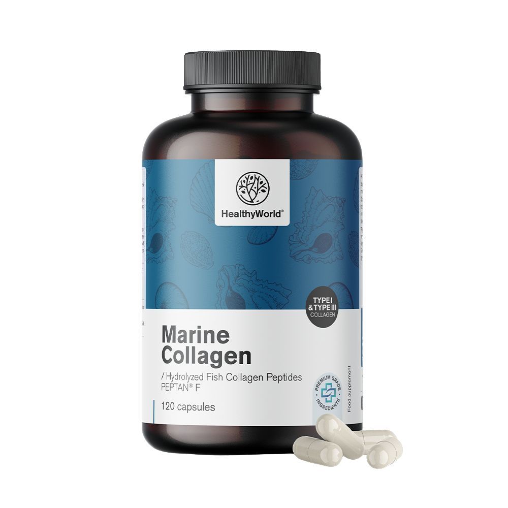 Bruine fles met capsules. Opschrift: Marine Collagen, 120 capsules, HealthyWorld. Type I & III.