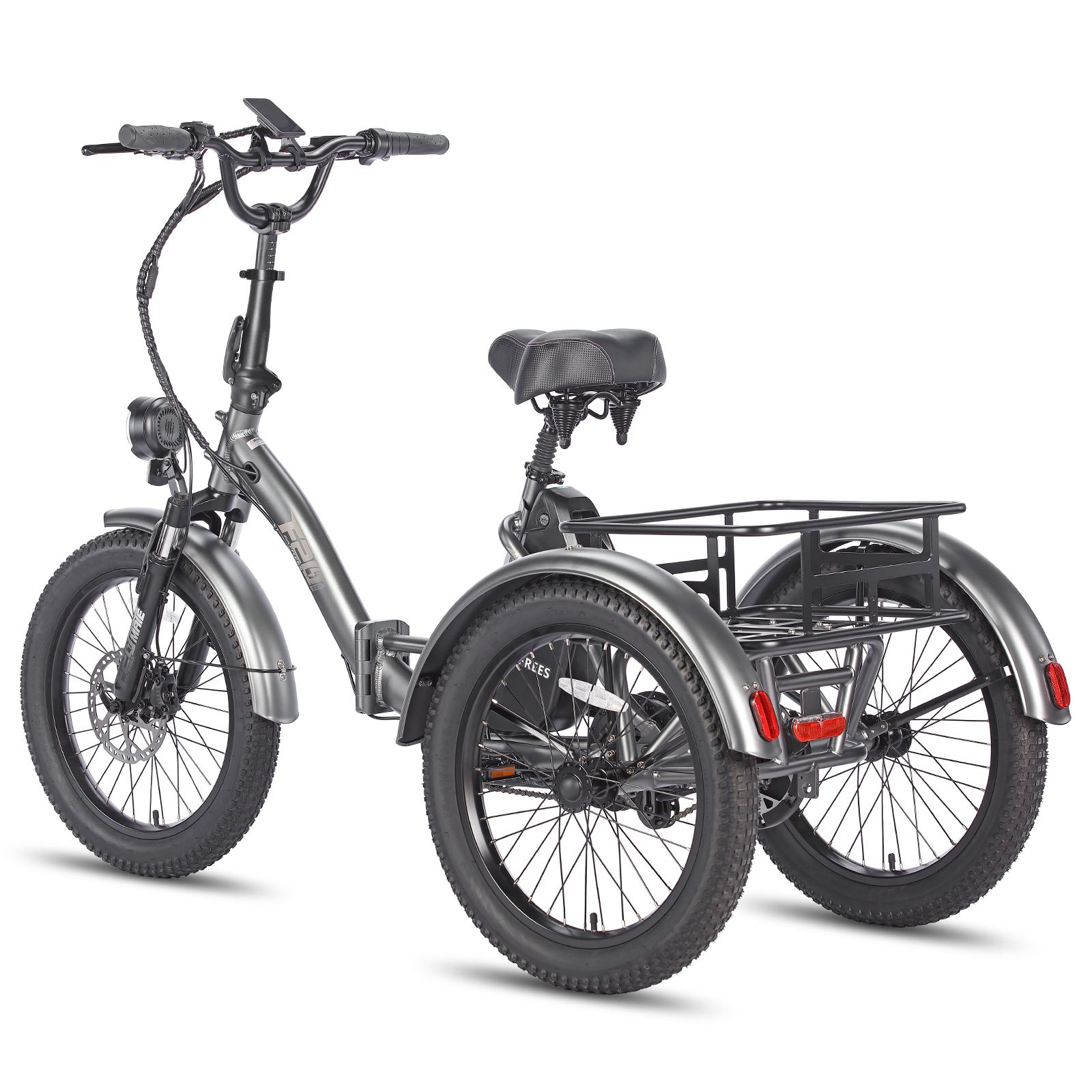 Tricycle gris avec porte-bagages, feux arrière et batterie. Logo Fafrees.