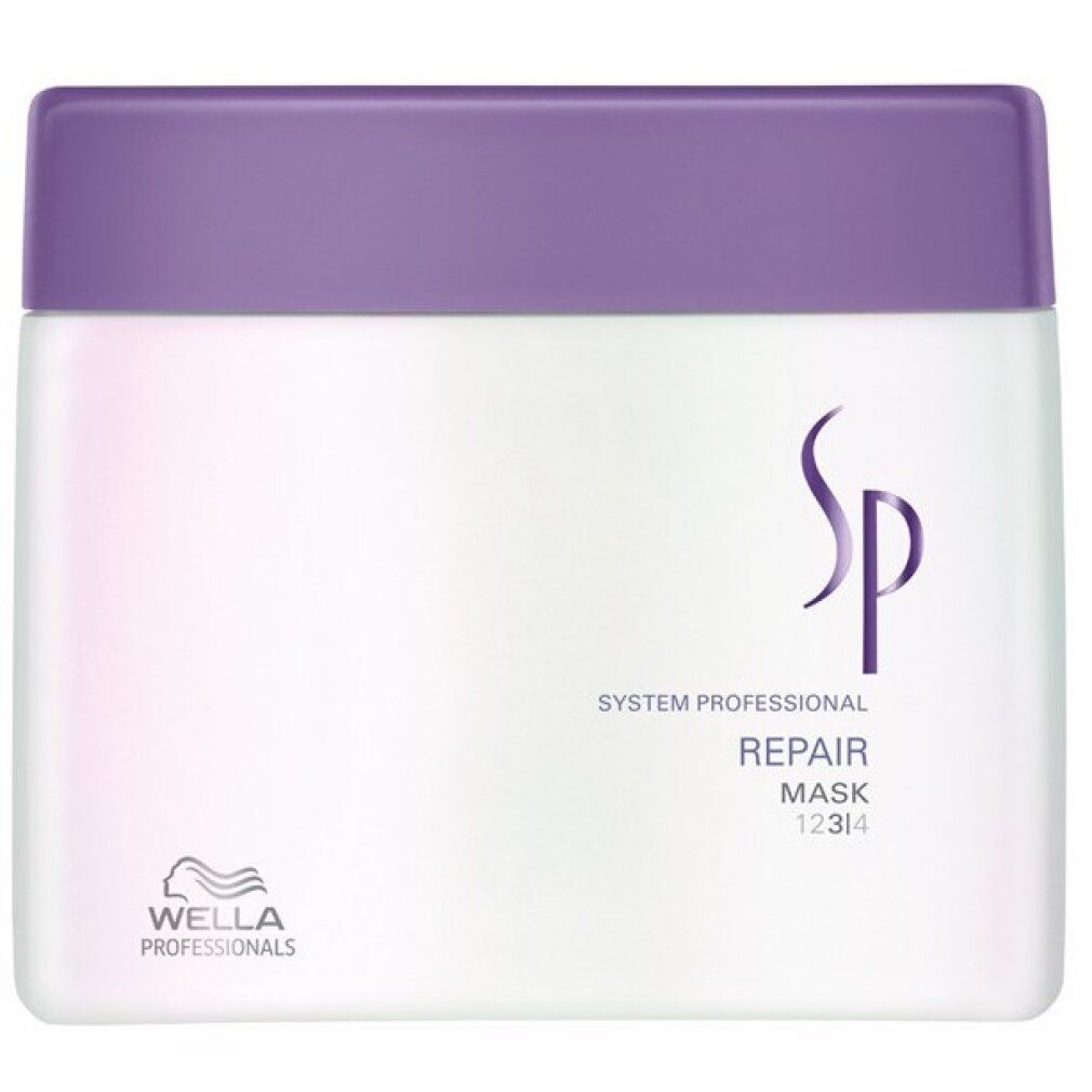 Rechthoekige pot met paarse deksel. Opschrift: SP Repair Mask. Wella logo. Tekst in meerdere talen.
