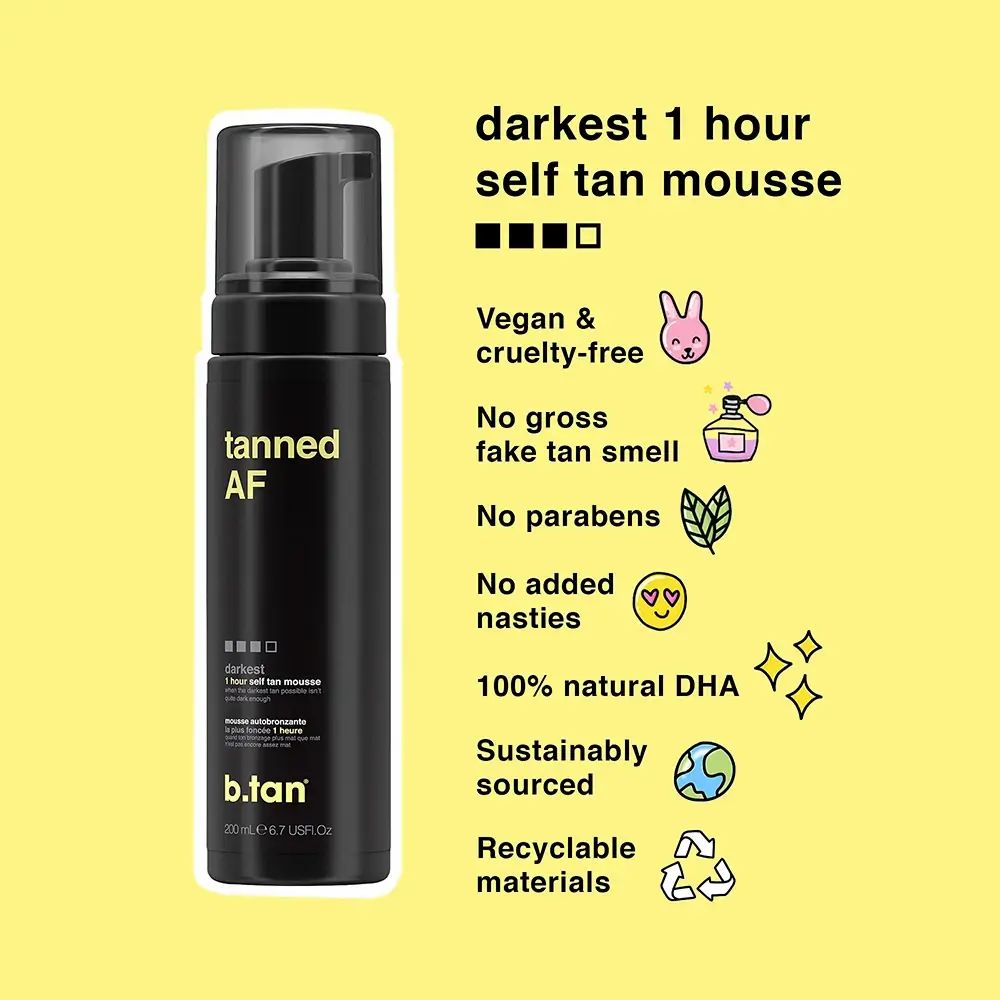 Flacon noir avec pompe. Inscription "tanned AF" et "b.tan". Informations supplémentaires sur fond jaune.