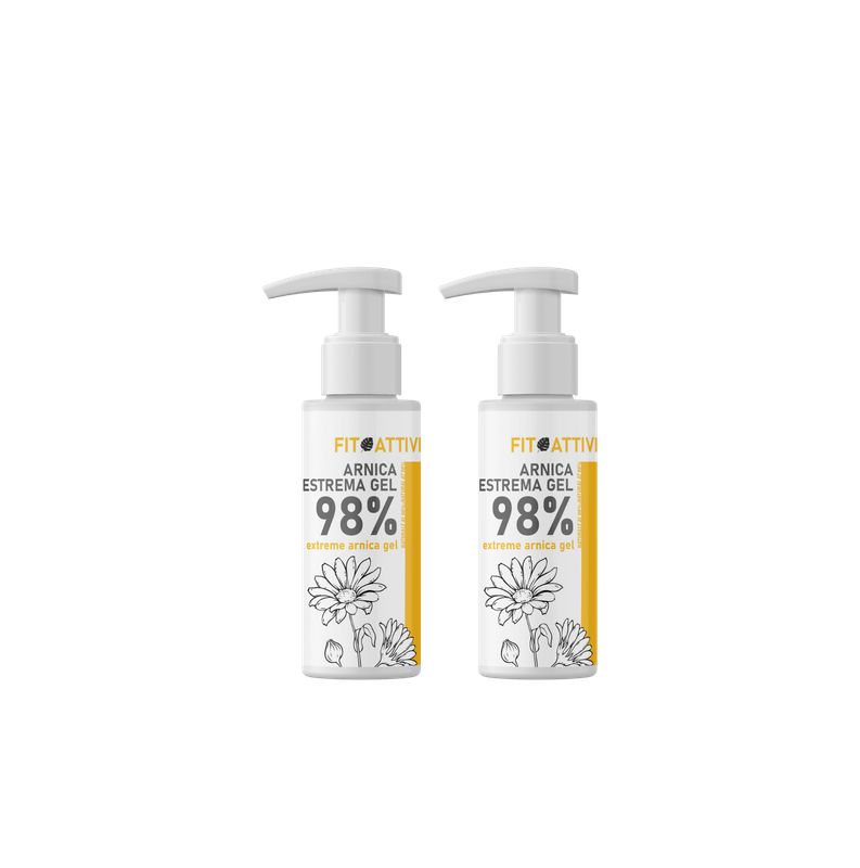 Twee witte flessen met pompsluiting. Op elke fles staat "FIT ATTIVI ARNICA ESTREMA GEL 98%". 