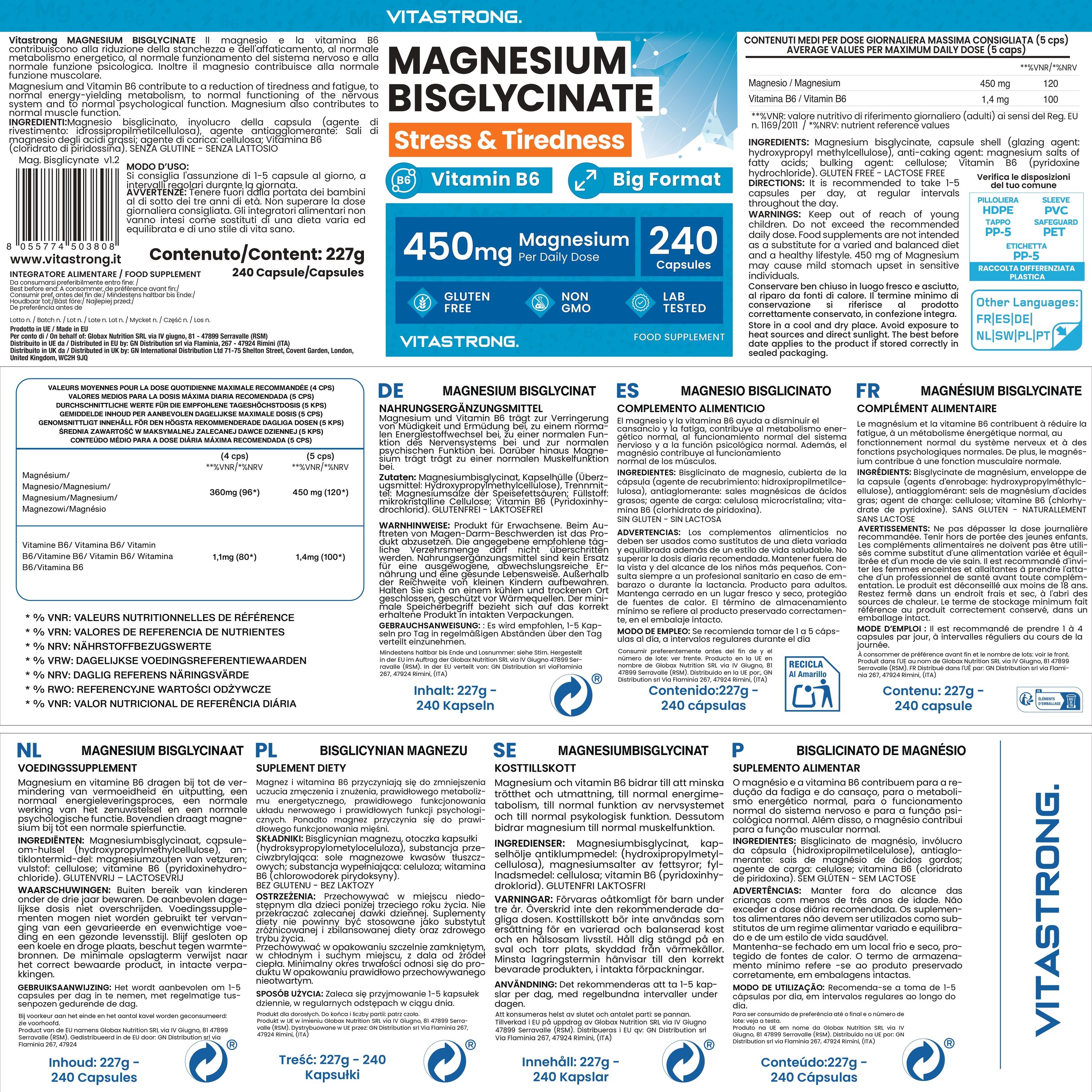 Trois bouteilles Vitastrong Magnésium Bisglycinate, sans gluten, sans OGM, testé en labo.