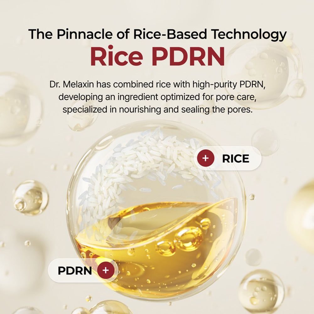 Grafiek met Rice PDRN-technologie. Rijst en PDRN afgebeeld in een bol. Productnaam: Dr. Melaxin.