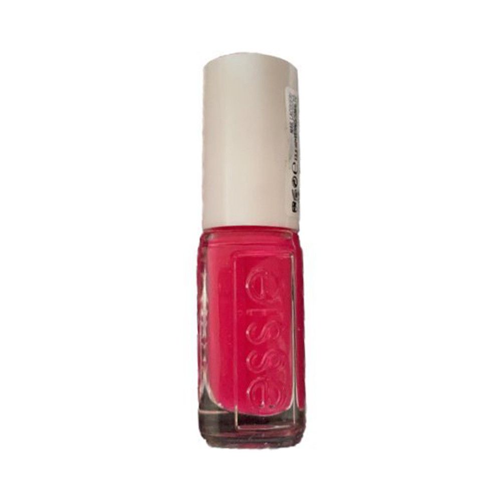 Petite bouteille de vernis à ongles rectangulaire, rose, bouchon blanc. Inscription: Essie.