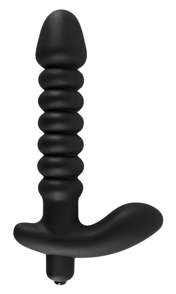 Zwarte vibrator, geribbelde schacht en gebogen handvat, geïsoleerd.