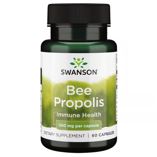 Groene fles met zwarte dop. Opschrift: SWANSON Bee Propolis, 550 mg per capsule, 60 capsules.