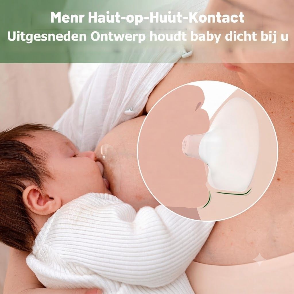 Een witte siliconen tepelbeschermer met een uitsparing voor huid-op-huid contact. Een baby drinkt melk.